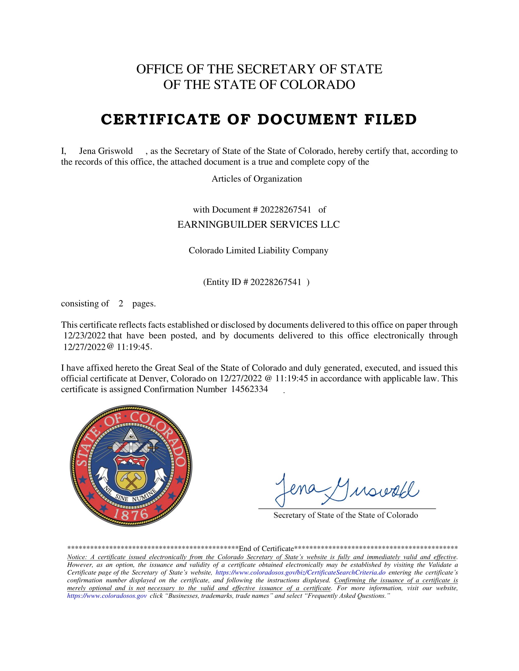 Certificate of Document